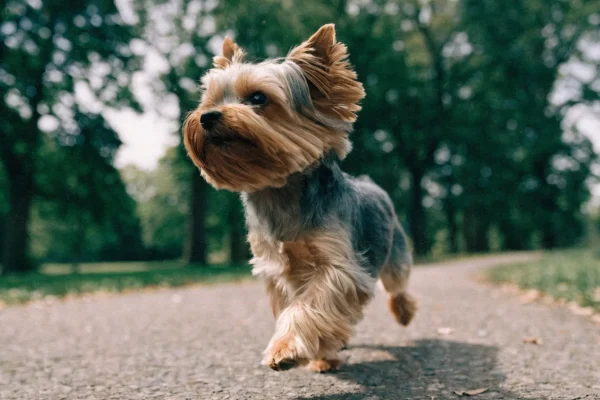 Yorkshire Terrier trotting along a park path during a walk