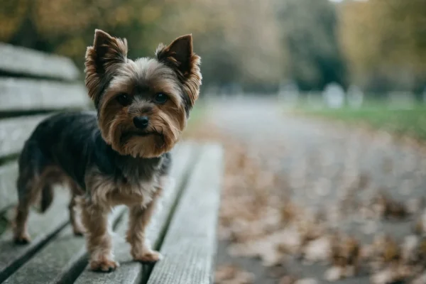 Alert Yorkshire terrier standing on a park bench with pricked ears in an autumn setting