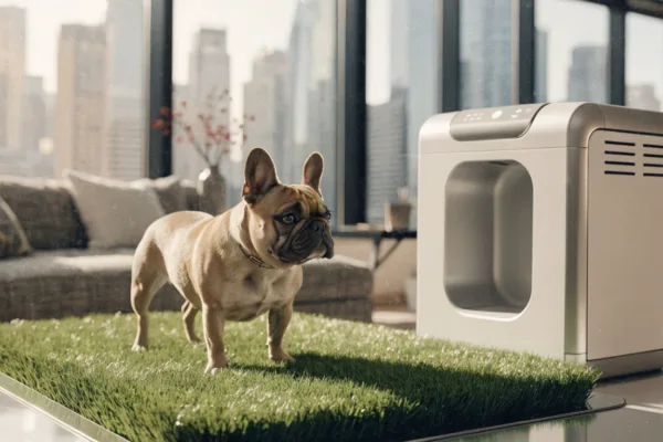 A French Bulldog investigates an indoor grass patch and a modern high-tech potty box in a city apartment.