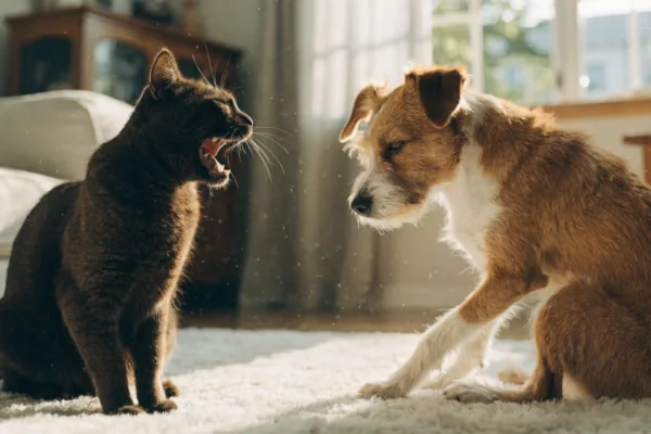 A cat coughing and a dog scratching irritated skin, illustrating feline asthma and canine atopic dermatitis.