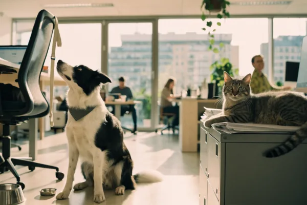 A border collie and a gray tabby cat demonstrate contrasting office pet styles in a modern workplace.