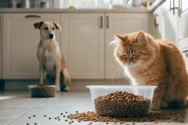 A plump orange tabby cat sits possessively by an overflowing bowl of kibble while a lean dog waits nearby.