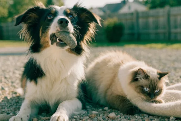 A dog holding a rock and a cat sucking wool illustrate pica, a dangerous compulsion to eat non-food items.