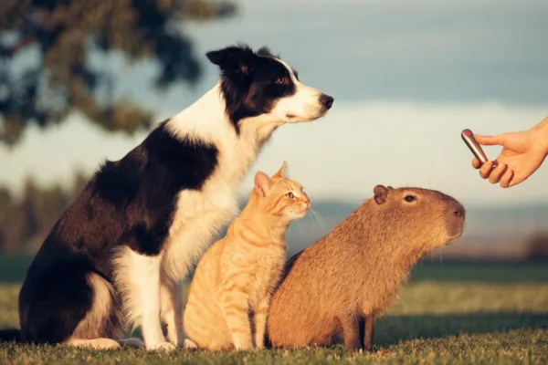 A Border Collie, tabby cat, and capybara attentively await a clicker cue, demonstrating positive reinforcement across species.