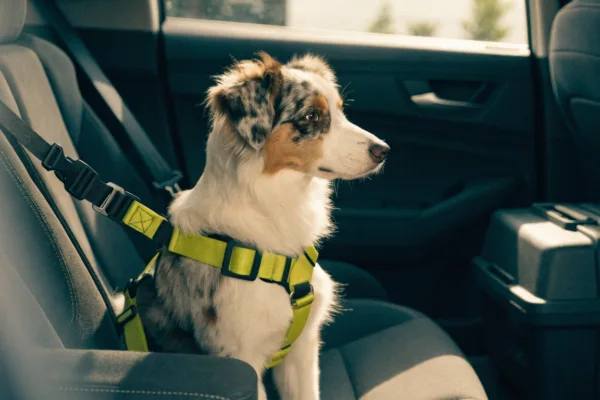 An Australian Shepherd safely secured in the back seat of a car using a heavy-duty neon-yellow crash-test safety harness.