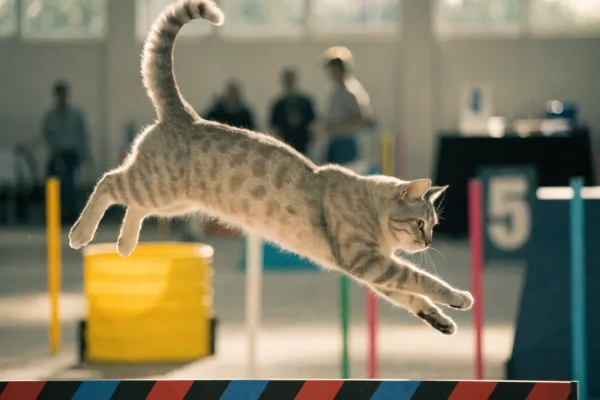 A silver tabby cat leaps over a hurdle at a feline agility competition, showcasing liquid-like grace.