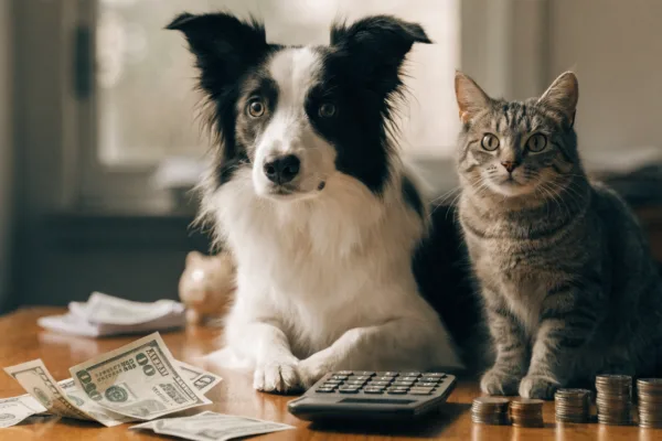 A border collie and tabby cat sit beside a calculator, cash, and coins, comparing the lifetime costs of pet ownership.