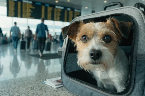 A small dog peers from an airline-approved travel carrier on an airport terminal floor, surrounded by travel documents.