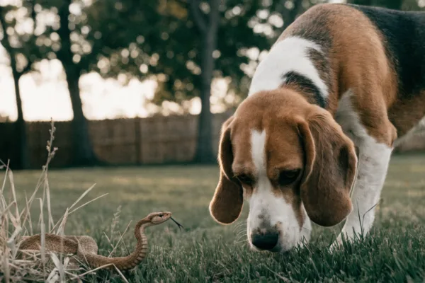 A curious beagle encounters a hidden pit viper coiled in backyard grass, illustrating hidden snake-bite dangers for pets.