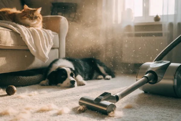 A tabby cat and border collie shed on carpet while a HEPA vacuum lifts embedded fur and invisible dander.