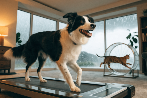 A dog safely exercising on an indoor pet treadmill while a cat uses a wheel in the background.