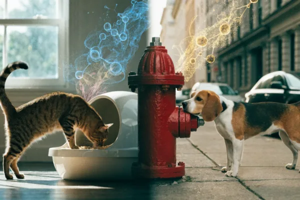 A dog sniffing a fire hydrant and a cat near a litter box, surrounded by glowing chemical scent molecules.