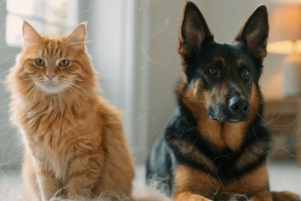 A German Shepherd and orange tabby cat shedding fur on a light rug, illustrating seasonal versus continuous shedding patterns.