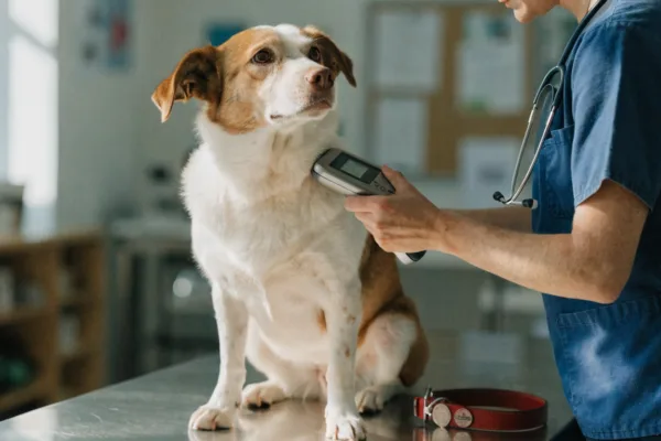A veterinarian scans a dog's shoulder to read its microchip ID, helping lost pets reunite with owners.