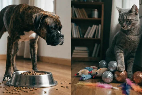 A Boxer guards his food bowl while a tabby cat hoards her toy stash, illustrating resource guarding in dogs and cats.