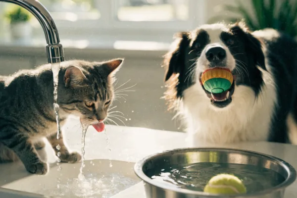 A cat drinks from a dripping faucet while a dog drops a toy into its water bowl, illustrating quirky pet hydration habits.