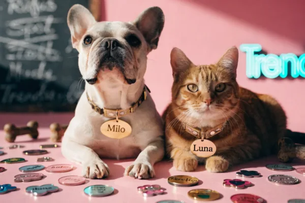 A French bulldog and tabby cat wear name tags amid scattered pet IDs, illustrating pop culture's influence on pet naming trends.