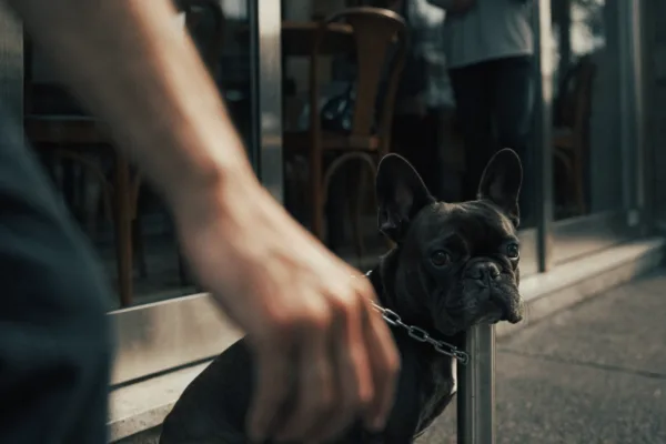 A shadowy stranger approaches a purebred dog tied outside a cafe, illustrating the rising danger of pet theft.