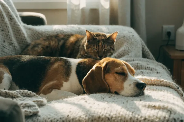 A peaceful cat and dog resting together on a cozy sofa, illustrating the calming effects of pheromone diffusers.