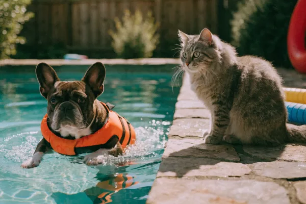 A French bulldog in a life vest paddles in a pool while a wary tabby cat watches safely from the deck.