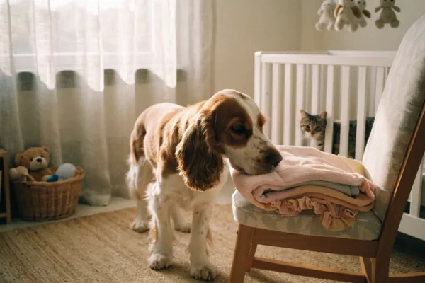 A dog and cat curiously explore a baby's nursery, practicing supervised introductions before the newborn arrives.