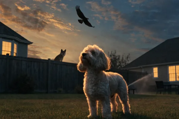 A watchful Cavapoo in a suburban backyard at dusk as a coyote lurks beyond the fence and a hawk circles overhead.