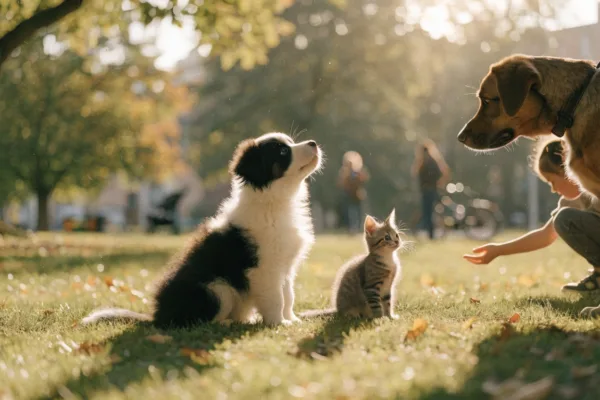 A young puppy and kitten confidently meet new dogs, people, and sights during the critical 16-week socialization window.