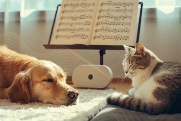 A relaxed dog and cat rest calmly while soft classical music plays, illustrating music therapy's soothing effects on pets.