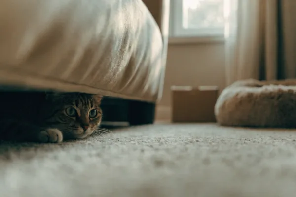 A shy tabby cat cautiously peeks out from under a couch during its decompression phase in a new home.