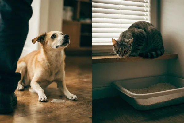An anxious dog crouches submissively beside a puddle while a stressed cat perches warily above an unused litter box.