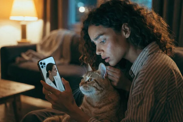 A pet owner consults a veterinarian by video call about her cat's symptoms late at night.