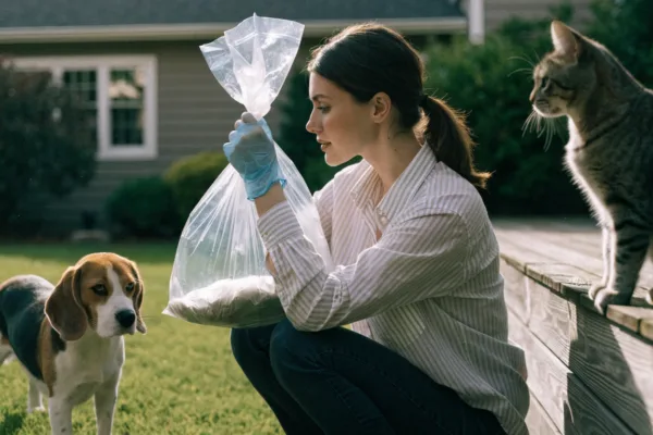 A gloved pet owner inspects a waste bag while her beagle and tabby cat watch in a sunny backyard.