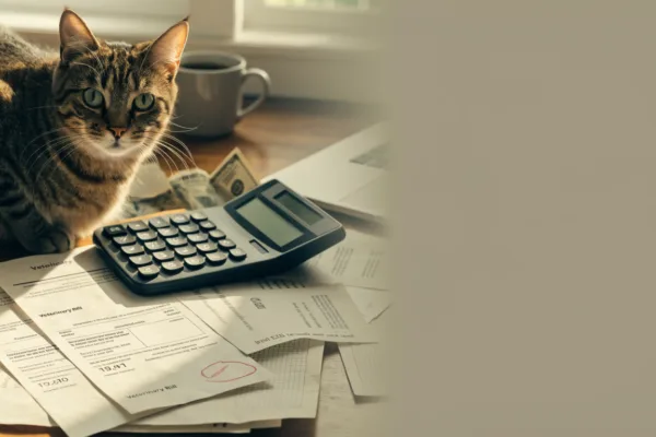 A tabby cat sits beside a calculator and stack of vet bills, illustrating the hidden costs of pet ownership.