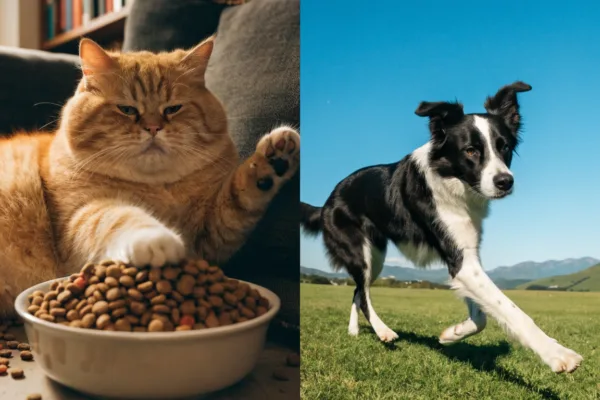 A plump indoor tabby cat lounging by a full food bowl contrasts with a lean Border Collie sprinting across a field.