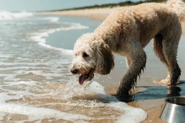 Goldendoodle drinking ocean water at the beach, illustrating the risk of saltwater poisoning in dogs.