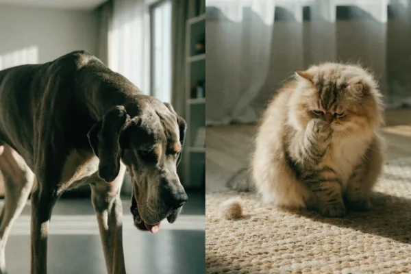 A deep-chested Great Dane showing signs of discomfort alongside a fluffy cat casually grooming itself.