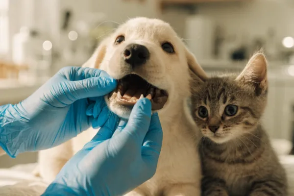A veterinarian gently examines a young puppy's mouth while a kitten watches, highlighting oral viral infections in pets.