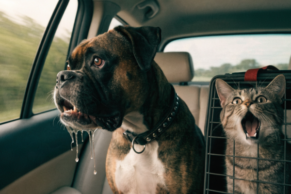 A stressed, drooling Boxer dog and a howling tabby cat sit anxiously in the backseat of a moving car.