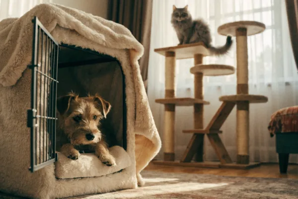 A dog relaxes in a cozy crate while a cat rests high on a living room cat tree.