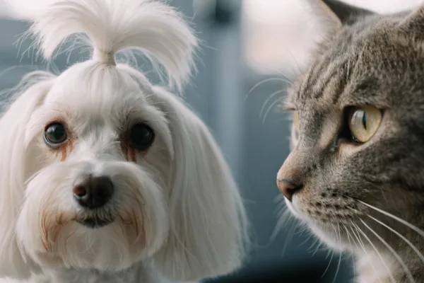 Side-by-side comparison of a Maltese with tear stains and a tabby cat showing signs of conjunctivitis, illustrating canine and feline eye health issues.