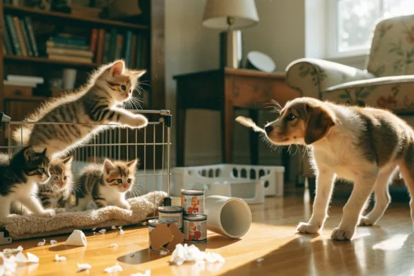 A litter of playful kittens and a curious rescue puppy explore their foster-ready home filled with toys, blankets, and supplies.