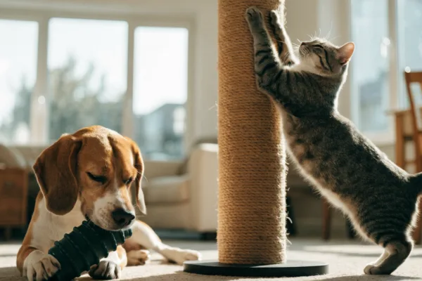 A dog chewing a toy and a cat using a scratching post demonstrate healthy redirected chewing and scratching instincts.
