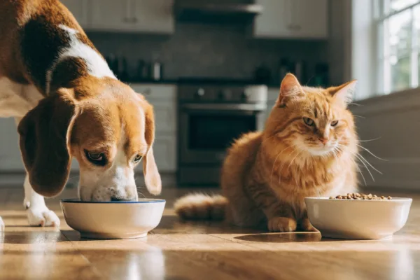 A dog eating quickly next to a cat casually ignoring its food, illustrating different mealtime behaviors.