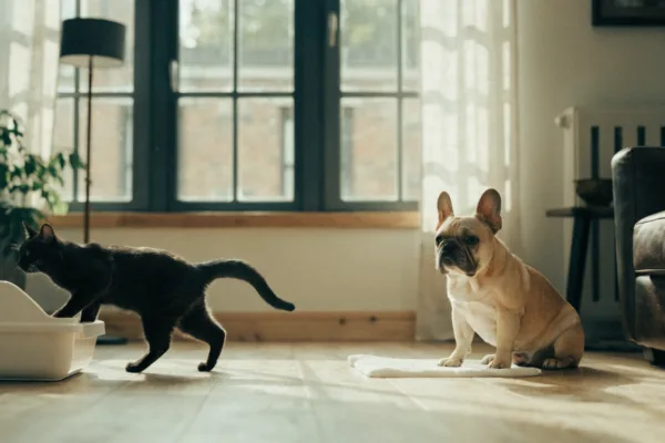 A sleek cat stepping out of a clean litter box while a French bulldog sits beside a training pad.