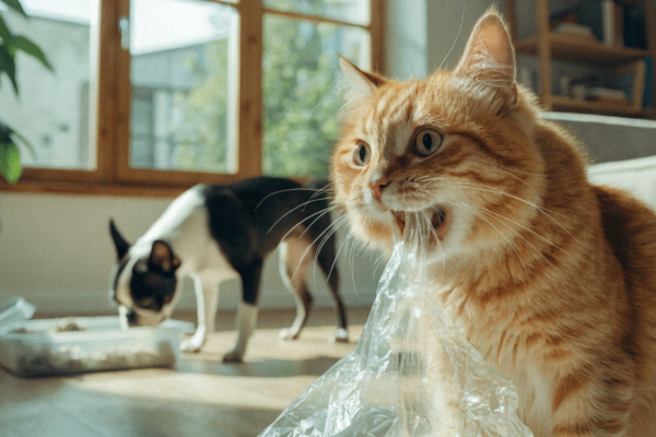 An orange tabby cat chewing on a plastic bag while a Boston Terrier investigates a litter box.