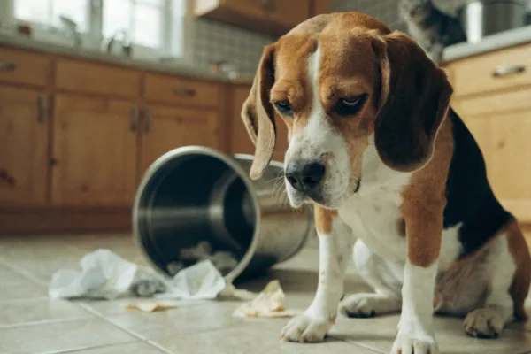 A beagle gives the classic "guilty look" beside a tipped-over trash can — but it's not true remorse.