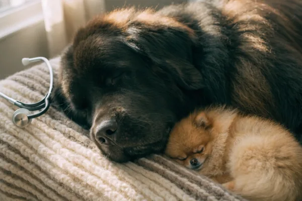 A stethoscope rests beside a sleeping large and small dog, illustrating how pet size affects resting heart rates.