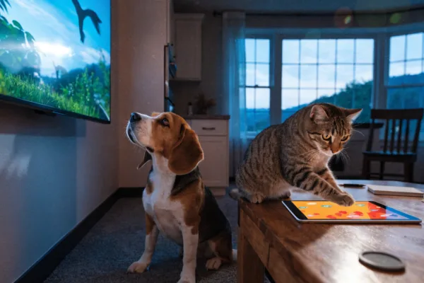 A tabby cat plays an interactive game on an iPad while a Beagle watches a modern 4K television.