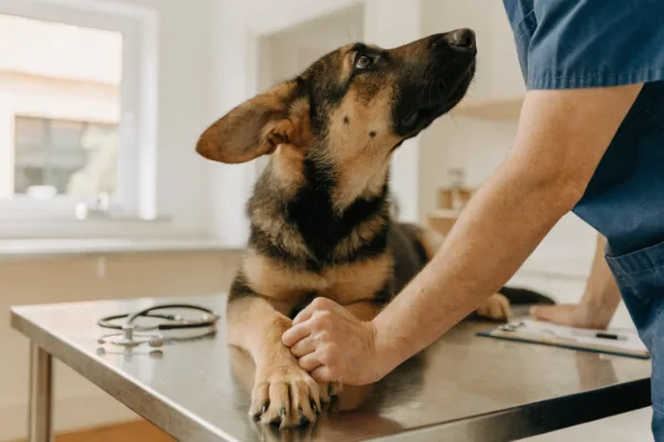 A veterinarian examines a young German Shepherd puppy's leg for lameness caused by panosteitis growing pains.