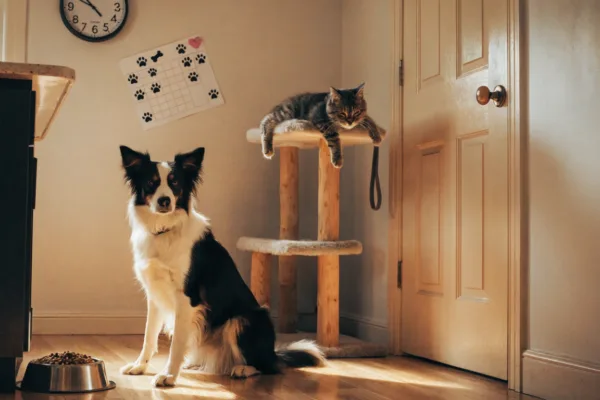 A border collie waits patiently at breakfast time while a tabby cat lounges freely on her cat tree above.